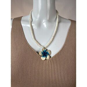 Vintage Shell & Bead Necklace With Hand-Painted Blue Floral Pendant